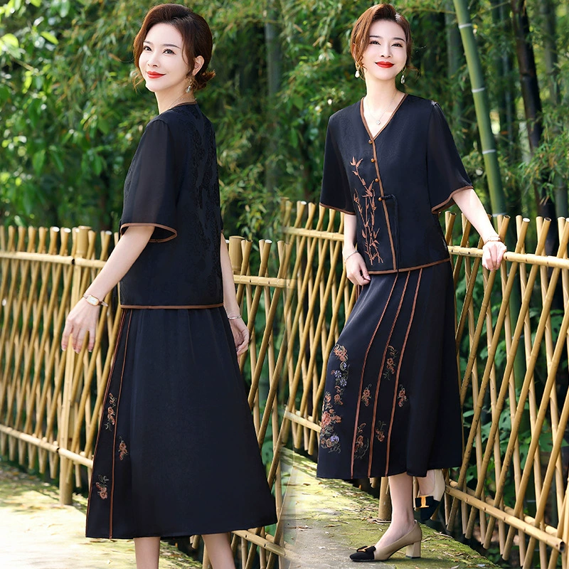 Летняя новая одежда для мам, футболка с v-образным вырезом и короткими рукавами, топы, новая рубашка в китайском стиле для женщин среднего и пожилого возраста, костюм с полуюбкой