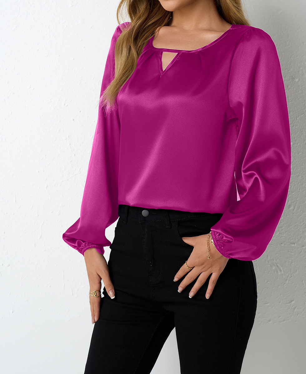 Satinbluse Damen Langarm Elegante Faltenbluse Oberteil_voghion.com