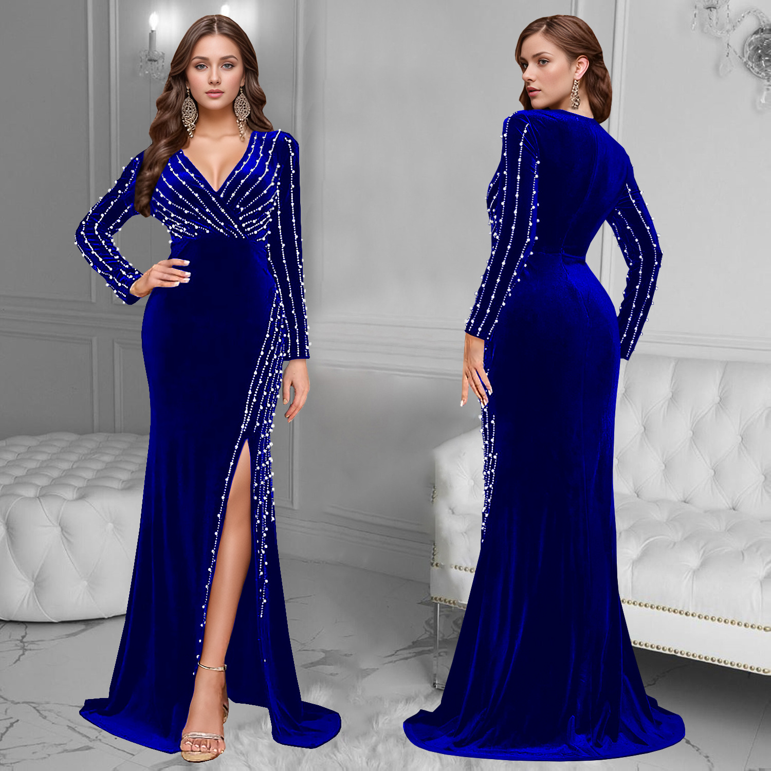 C7269 AliExpress transfronterizo Amazon Europa y América ropa de mujer sexy profunda V perlas de clavo caliente perforación bifurcada vestido largo mujer