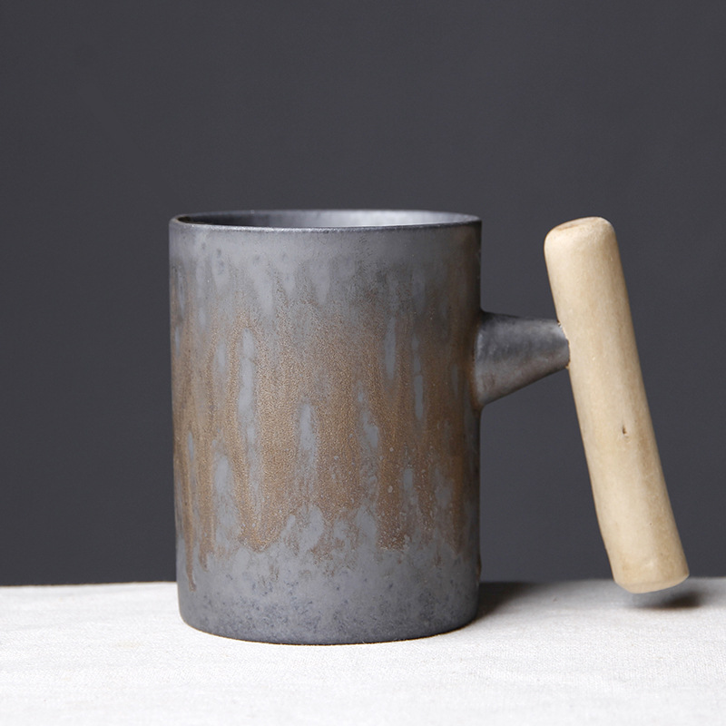 Japanese Retro Ceramic Coffee Mug With Wooden Handle_voghion.com