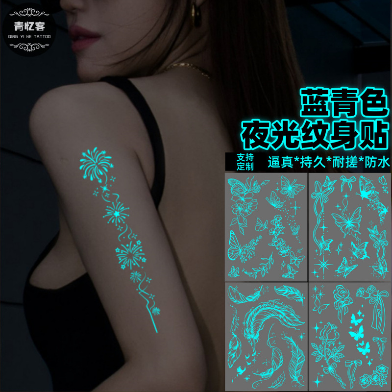 Cross-Border Supply Wholesale Blue Cyan Luminous Tattoo Stickers White Temporary Tattoo Photo Photo Party Sexy