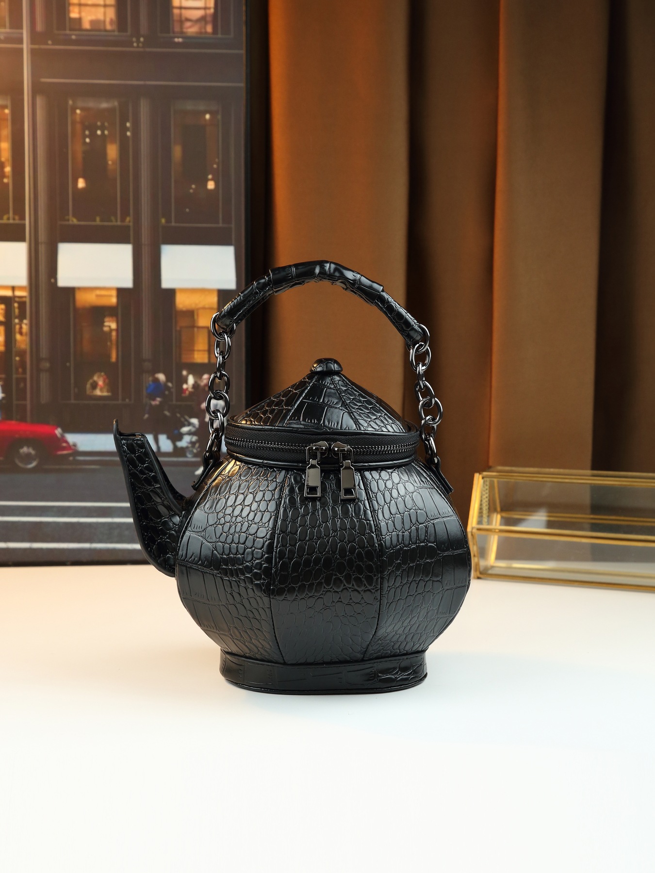 Quirky Crocodile Pattern Shoulder Bag Novelty Teapot Shaped Handbag_voghion.com