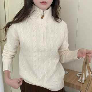 高领麻花半拉链100羊毛女秋冬新款加厚宽松休闲羊绒打底衫毛衣