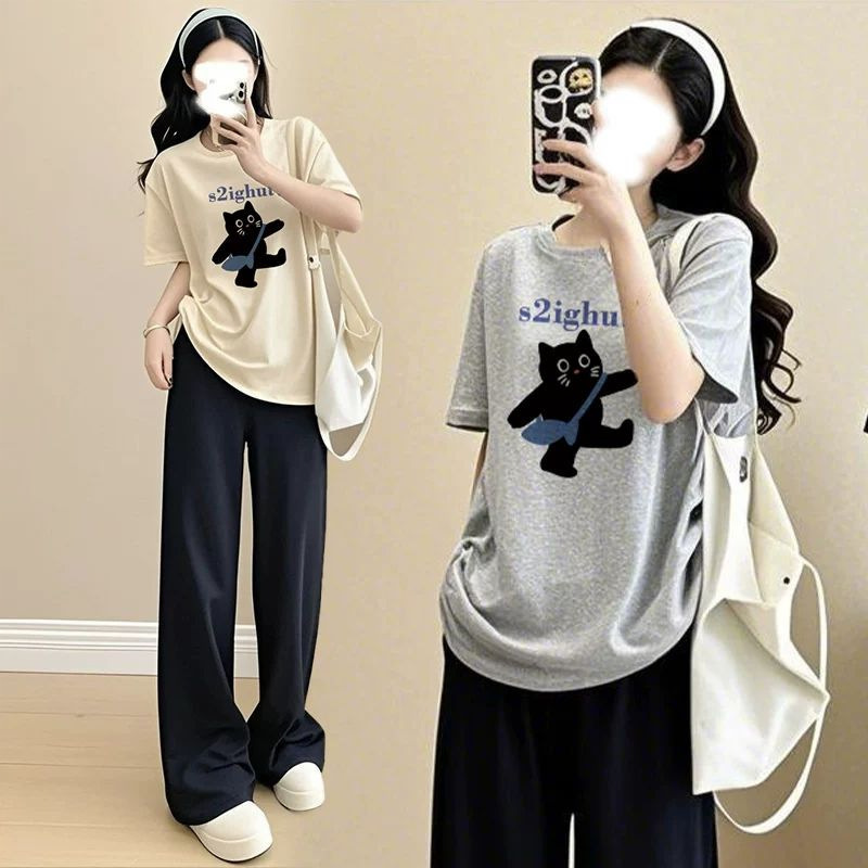 Maternity Wear Summer T-Shirt Set 2026 for Outings and Prenatal Check-Ups, Loose Plus-Size Two-Piece Set, Fashionable and Stylish Top
