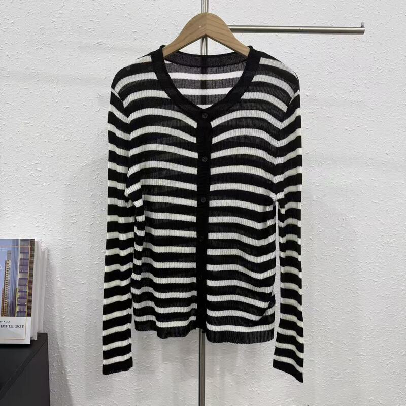 New Lightweight Round-Neck Knitted Cardigan for Women, Versatile Casual Striped Slim-Fit Top 9078~ New Lightweight Round-Neck Knitted Cardigan for Women, Versatile Casual Striped Slim-Fit Top 9078~