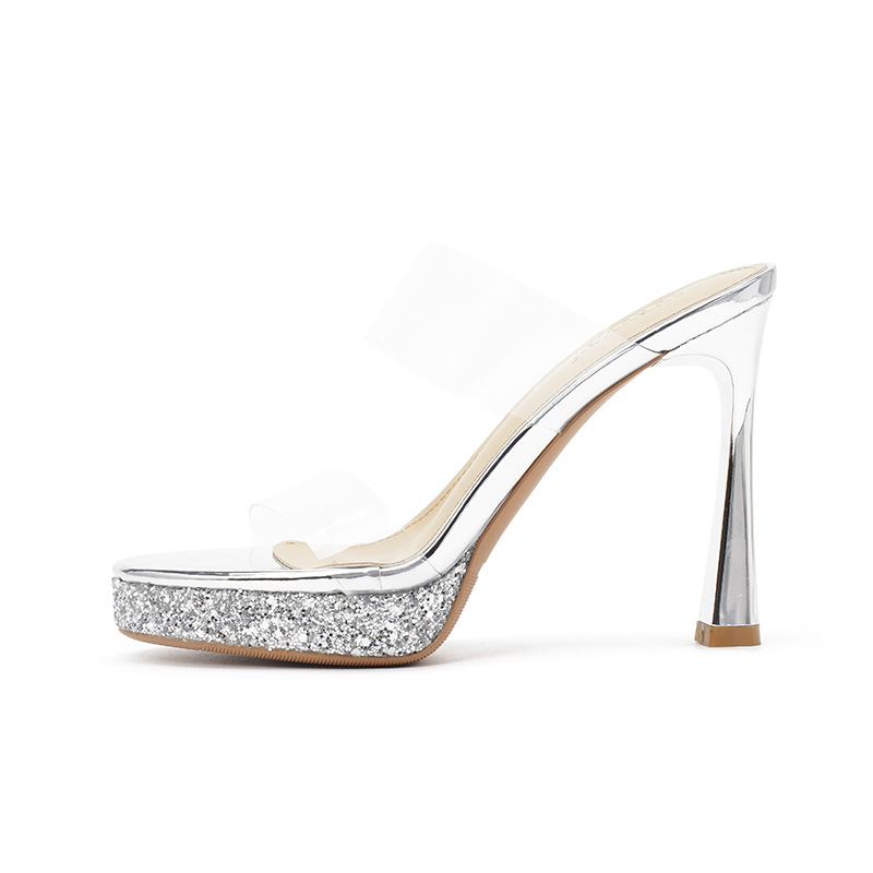 Sandal cao gót nữ hở mũi đế platform dày, quai ngang trong suốt, gót 11 cm — Bạc-11cm