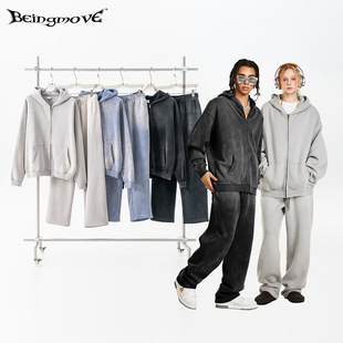 2025 Autumn Retro Trendy Brand Gradient Sweater Jacket Men's Trendy Hooded Straight-Leg Sweatpants Two-Piece Set Customized Wholesale