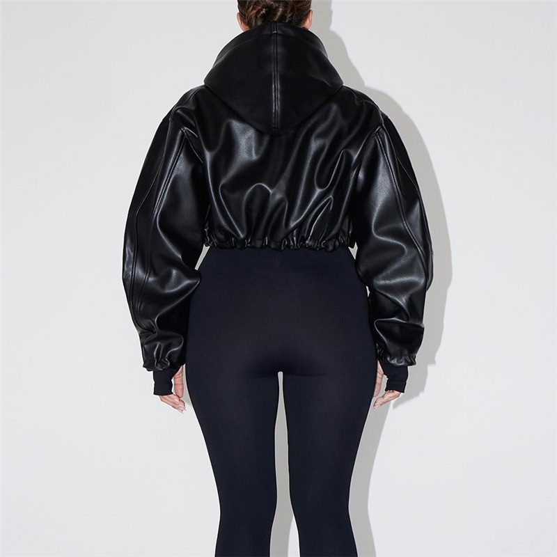 Trendy Faux Leather Hooded Cropped Jacket For Women - Streetwear Biker Style Zippered Long Sleeve Top_ecoleips.com
