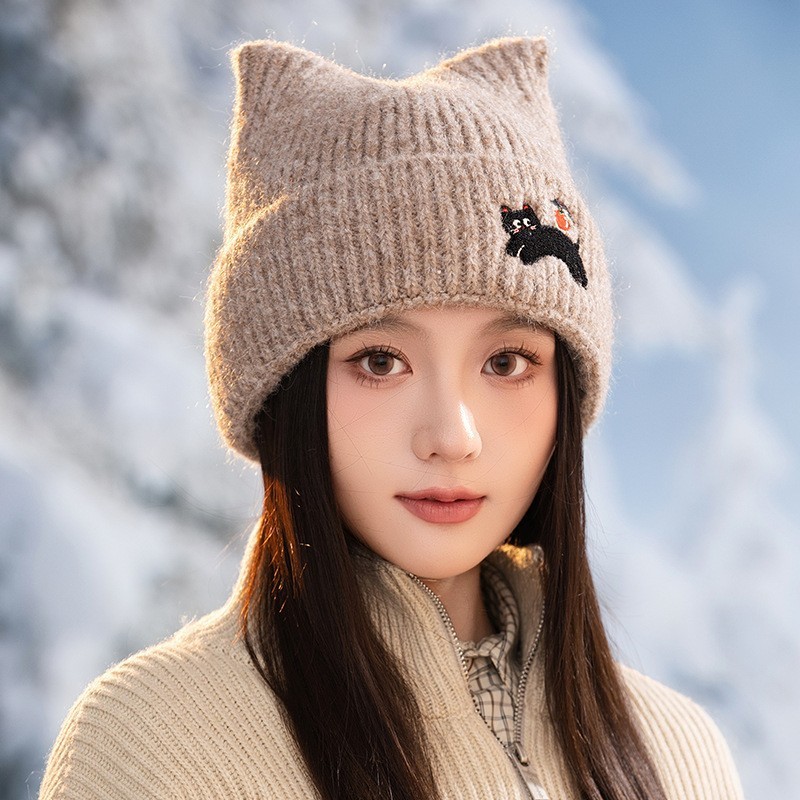 KANGLMOS猫耳朵帽子女可爱毛线帽秋冬季加厚保暖防寒针织护耳冷帽|undefined
