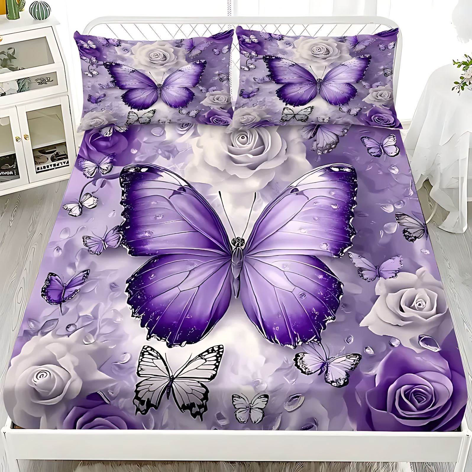 TEMU / JIT comercio exterior transfronterizo textil doméstico mariposa púrpura tema de impresión digital de alta definición cama gaza pillow cover set