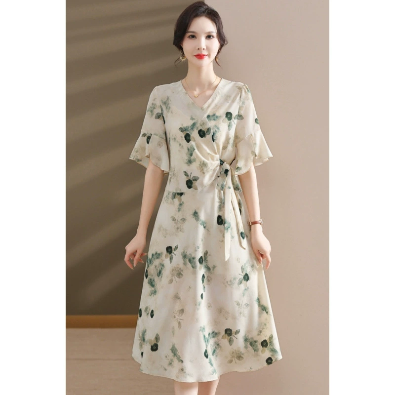 Летнее платье для женщин среднего и пожилого возраста в западном стиле с принтом, тонкая летняя юбка средней длины для мам среднего возраста, облегающая талию