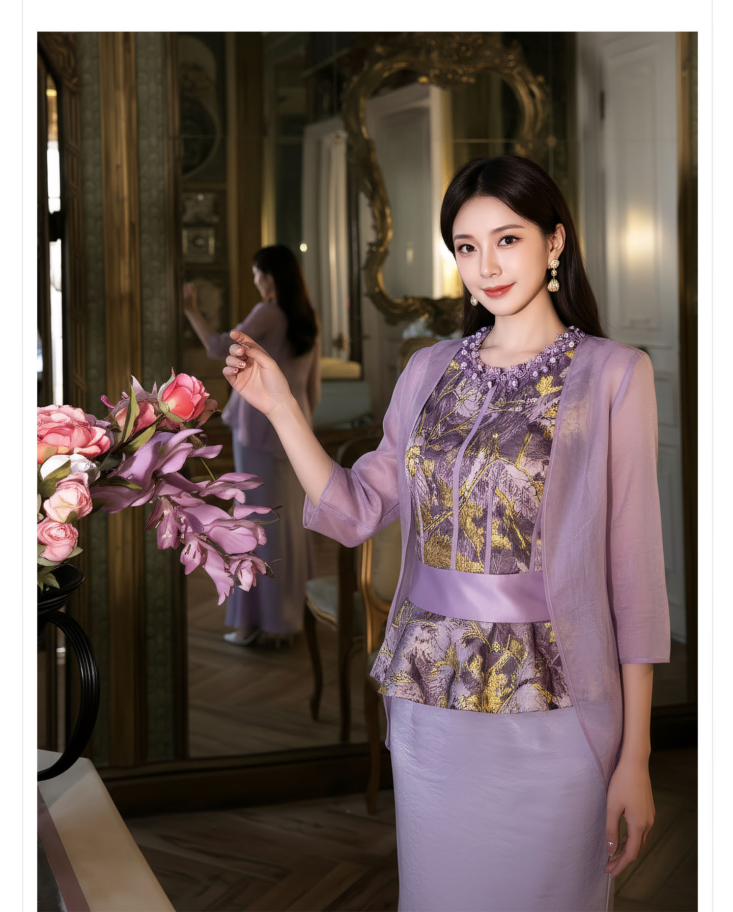 Bộ set nữ quốc phong gồm áo gile hoa văn + áo khoác cardigan + chân váy trơn — Bộ ba mảnh, Trang chủ, bộ hai mảnh, áo khoác chi tiết 8