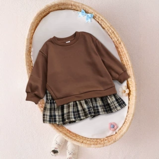 外贸童装春秋宝宝韩系连衣裙纯色百搭咖色卫衣拼接复古格纹短裙