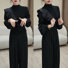 2025秋季新款气质显瘦设计感半高领长袖上衣高腰阔腿裤休闲两件套