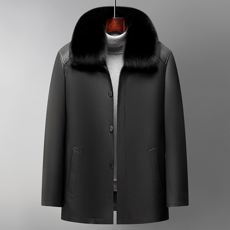 Genuine Leather Jacket for Men, Cowhide, Middle-Aged and Elderly, Large Fur Collar, Dad-Style, Turn-Down Collar Leather Jacket, Dad-Style Down-Lined Coat