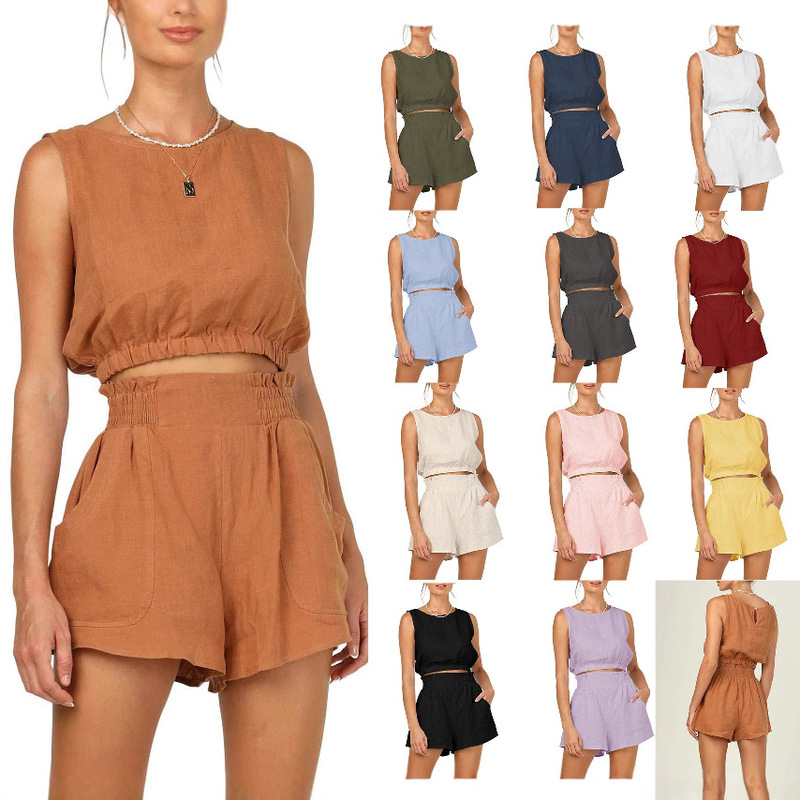 2023 Cross-Border Temu Amazon Women's Solid Color Sleeveless Crop Top Casual Fashion High-Waisted Straight-Leg Set Stylish