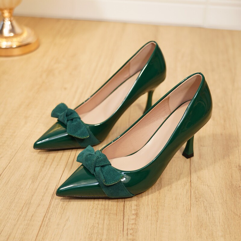 Spring and Summer Season Single Shoes for Commuting, Shallow High-Heeled Shoes, Large Size Women's Shoes, Bow-Knot Pointed Toe, Chunky Heel, Low Heel, High-Heeled Sandals