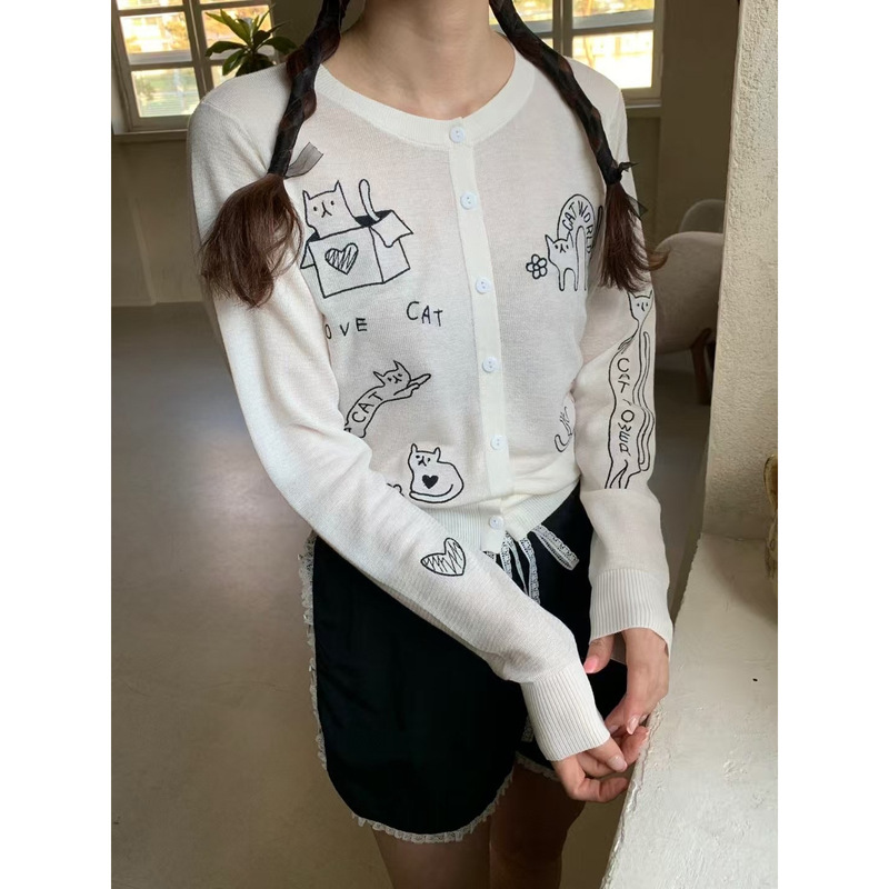 Now the 2026 Spring New Model from Korean Designer More T*An Is a Cute Cartoon Cat Print Cardigan T-Shirt Now the 2026 Spring New Model from Korean Designer More T*An Is a Cute Cartoon Cat Print Cardigan T-Shirt