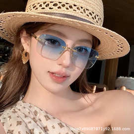 欧美跨境网红韩版时尚墨镜女个性无框金属椭圆形太阳镜墨镜高级感