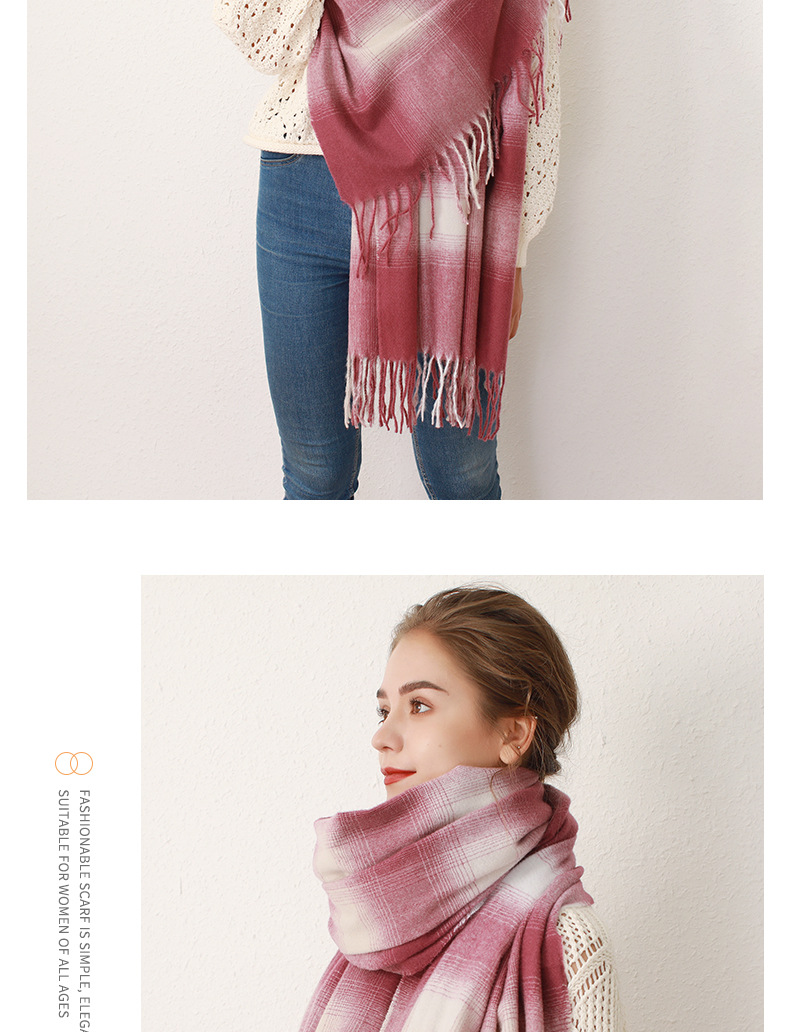 Gradient plaid faux cashmere tassel scarf for women's oversized warm and soft shawl_voghion.com