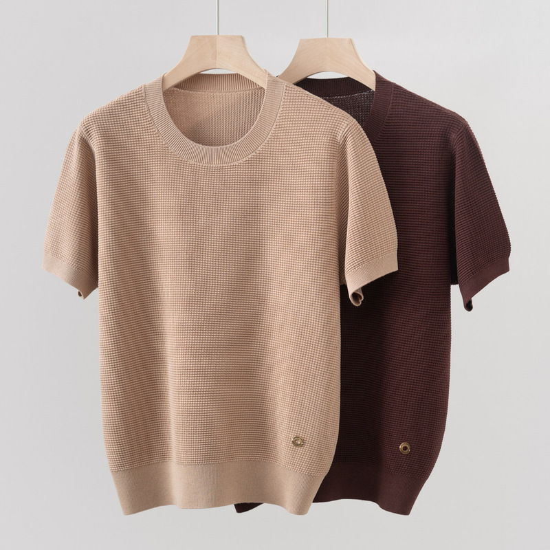 Lp26 Spring and Summer New Wool Tencel Round Neck Knitted Short-Sleeved Three-Dimensional Texture Casual Versatile Top for Women Lp26 Spring and Summer New Wool Tencel Round Neck Knitted Short-Sleeved Three-Dimensional Texture Casual Versatile Top for Women