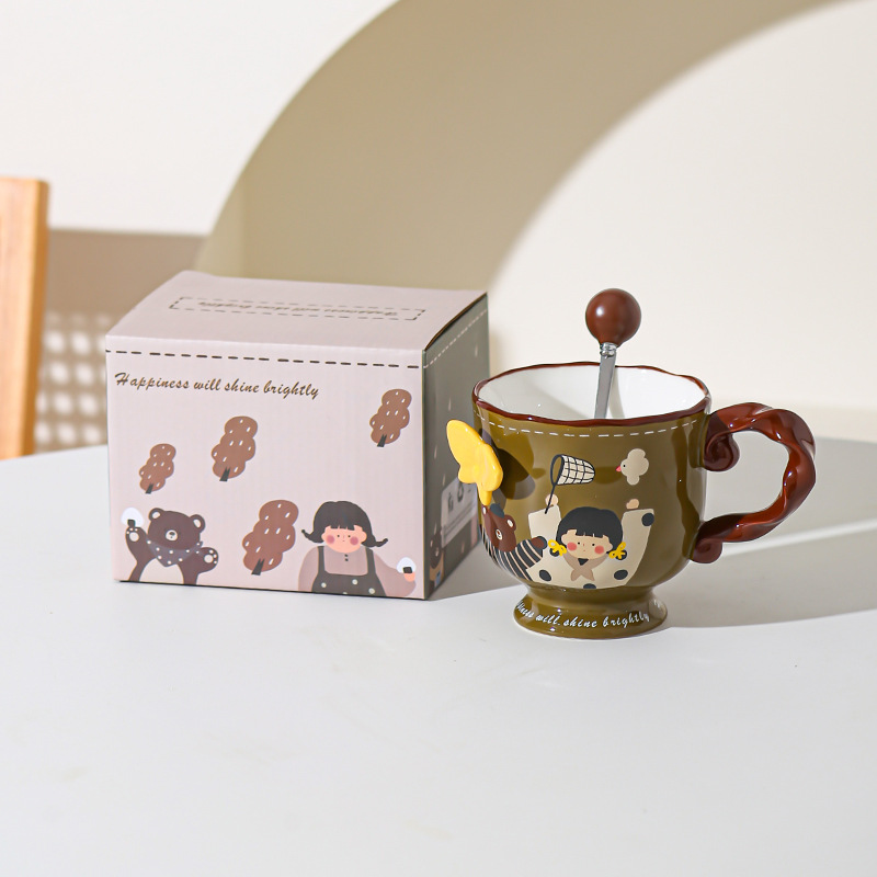 Retro encantadora chica taza de cerámica de alto valor de visualización de oficina casa taza de agua taza de café mano regalo de cumpleaños al por mayor