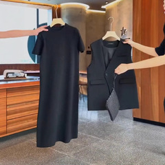 6025【現品】大きいサイズの婦人服夏微太ったmmスーツの馬の挟みはやせているニットの半袖の中で長いスカートの2セットを現します。