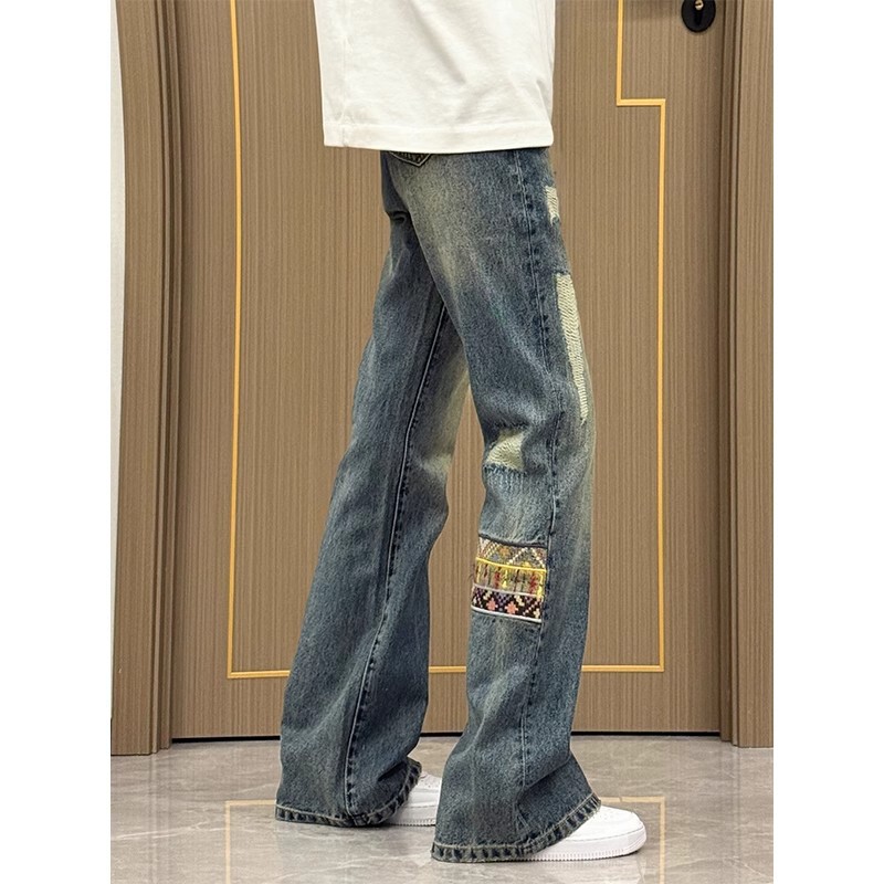 Ethnic Style Stitching Pair Jeans Men's American Style Retro Pants cleanfit Dipped Straight Straight Pants Trendy