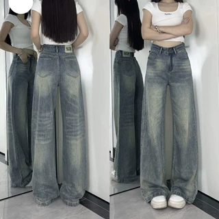 美式复古阔腿牛仔裤女秋季高腰宽松慵懒风垂感不贴腿微喇拖地裤子