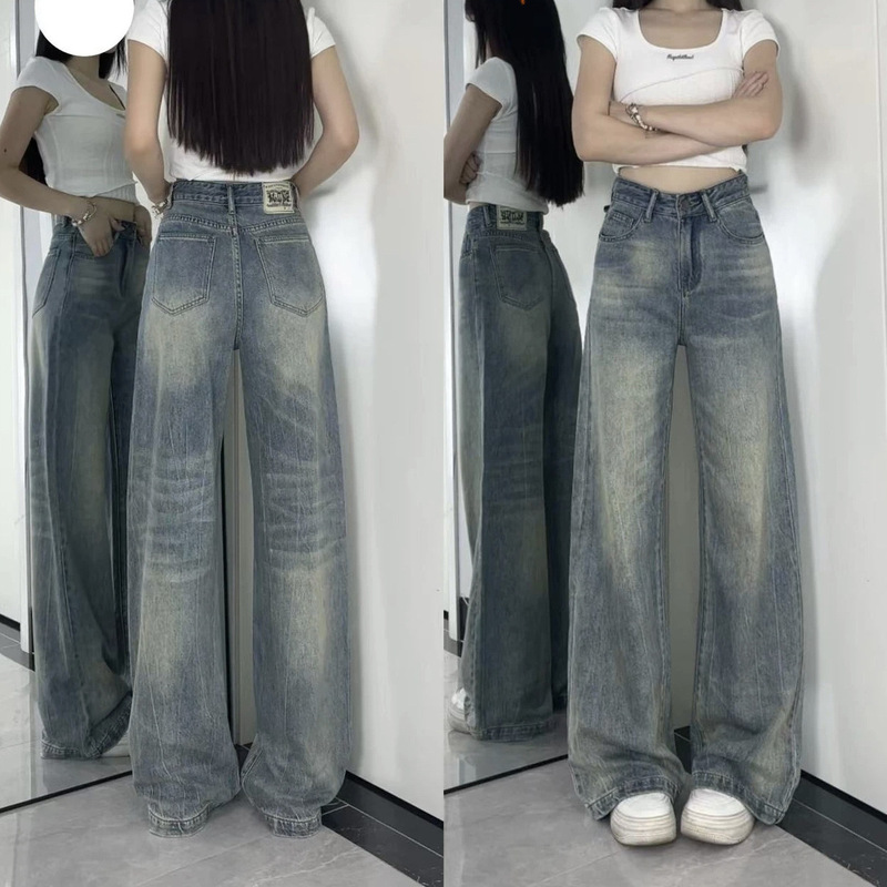 American-style Retro Wide-leg Jeans Women's Autumn High-waist Loose Lazy Wind Dipped-up Trousers