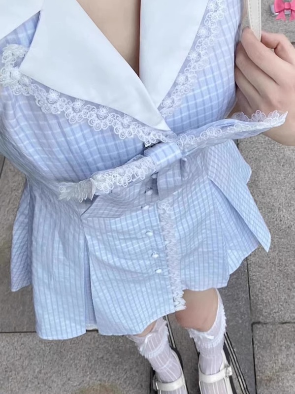 甜美蝴蝶结条纹连衣裙子女夏季法式初恋公主蓬蓬裙收腰小个子短裙|undefined