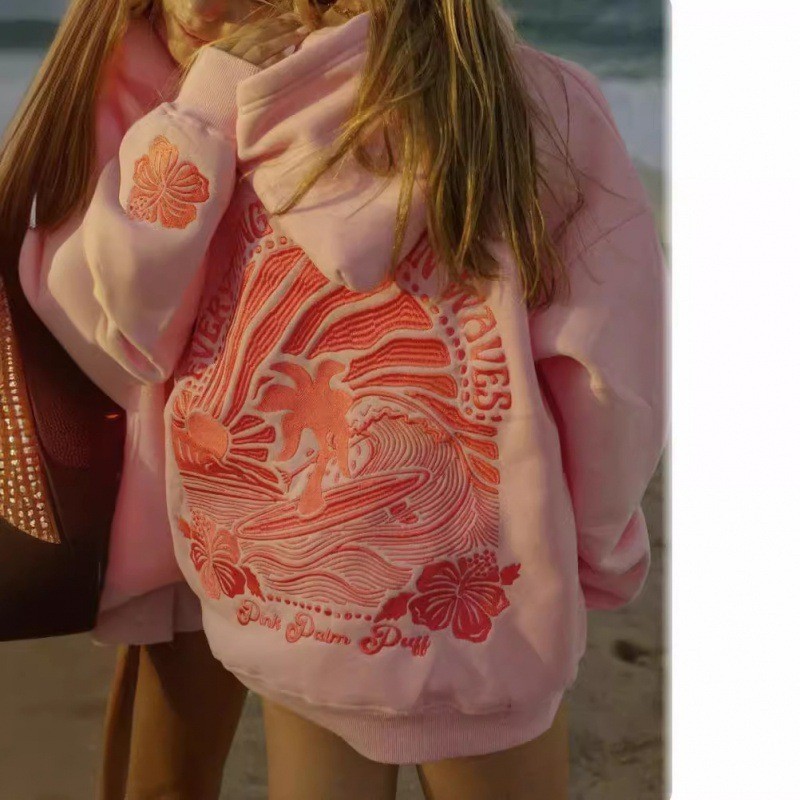 新しいヨーロッパサイズの女性のドロップショルダースリーブスレッド Chasing Sunsets 刺繍スウェットシャツパーカー XS-2XL|undefined