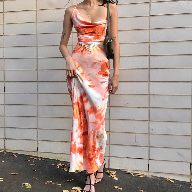 sexy Tie Dye print Backless sling Long Dress  NSLHC123474