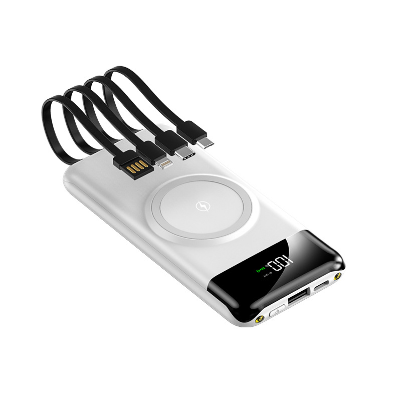 Venta al por mayor ultra-Delgado de carga inalámbrica 20000 mA banco de energía viene con cuatro cables portátil de energía móvil de carga rápida logo