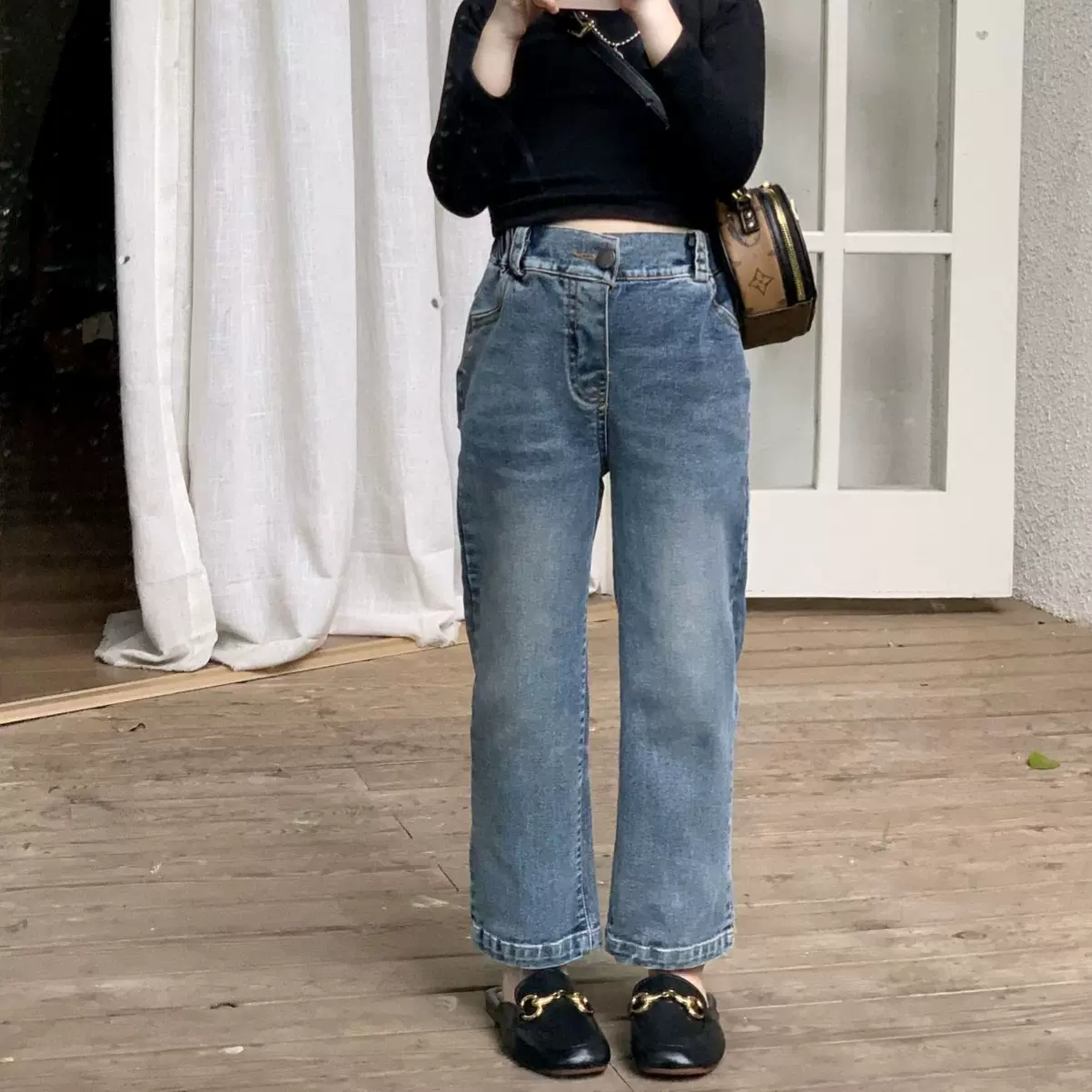 女童直筒裤2025秋季新款美式复古做旧牛仔裤弹力修身窄版阔腿裤