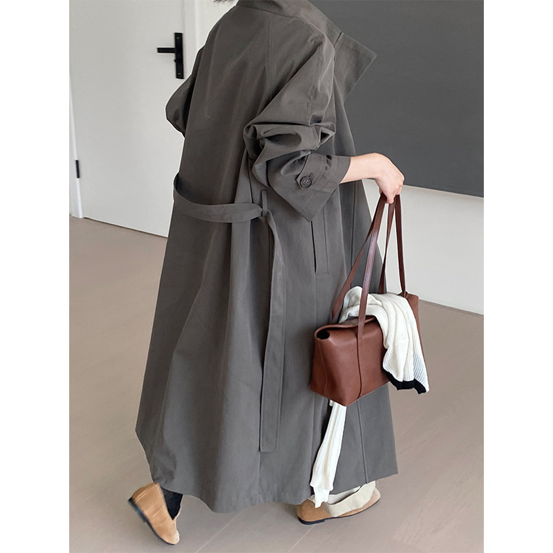 Nawu Haute Couture Series Classic Profile Waist Windbreaker Women's Spring and Autumn Lapel Gray Long Temperament Jacket 2127