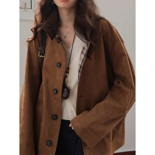 Soft Matte Suede Plaid Reversible Vtg Stand Collar Jacket for Women 2025 Autumn and Winter New Design