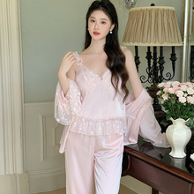 法式睡衣女胸垫新款性感吊带三件套色丁秋季长裤可外穿家居服女