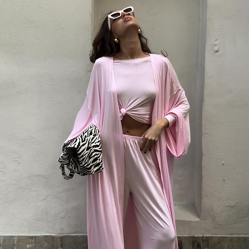 2026 Spring/Summer New Fashion Pajamas Three-Piece Set Knitted Solid Color Top Long Pants Loose Comfortable European and American Style Loungewear