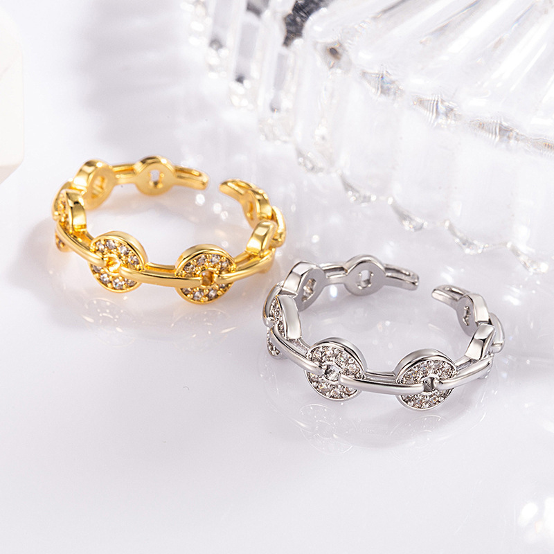 New Trendy Niche Personality Fashion Women's Coin Double-Layer Chain Micro-Inlaid Design Hollow Elegant Versatile Ring