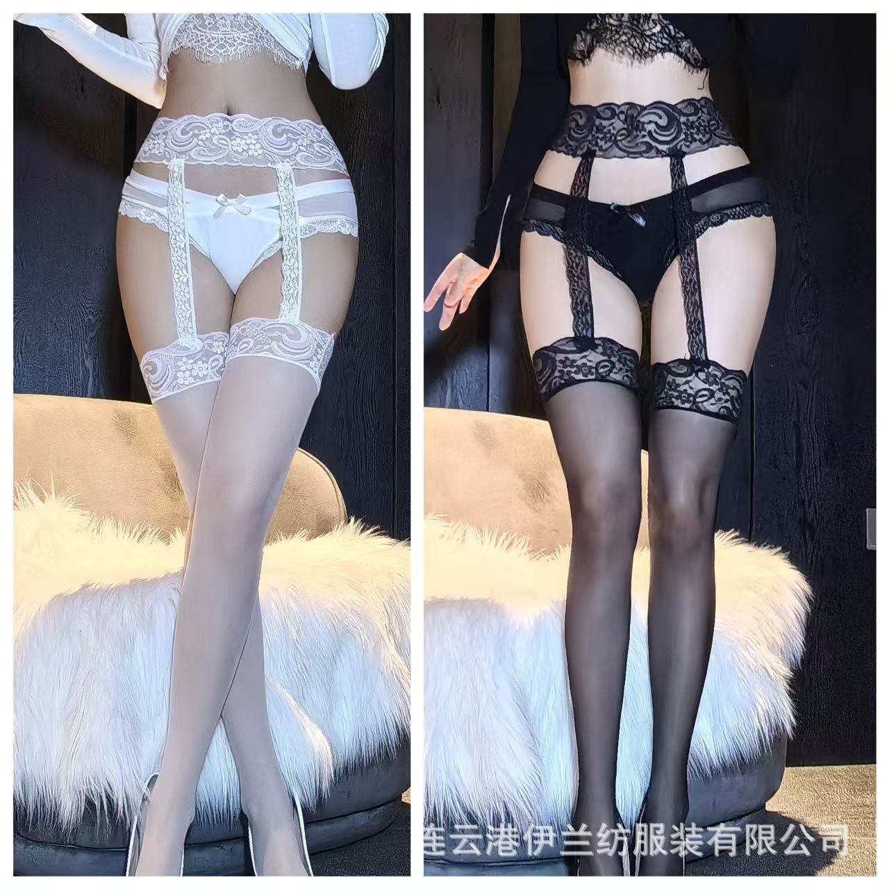Silk-Feel Lace Strap Stockings Ultra-thin Sheer Open-Crotch Pantyhose, White Garter Style, One Size — detail image 9