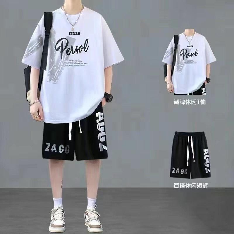 Summer New Ice Silk Handsome Short-Sleeved T-Shirt Boys Sports Suit Teenagers Students Loose Junior High School Five-Point T-Shirt