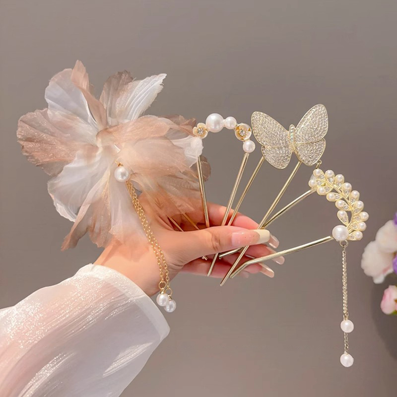 Nueva horquilla de borla de mariposa en forma de U de estilo chino, horquilla de sentido avanzado, estilo antiguo, borla, paso a paso, flor, horquilla, cheongsam