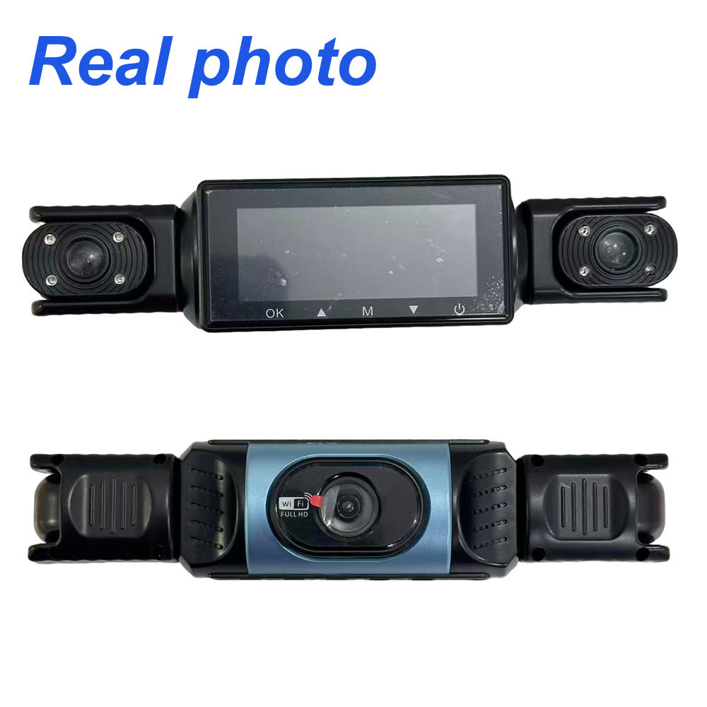 Three-lens dashcam with front, rear, and interior night vision, WiFi connectivity, parking monitoring, and in-car recording
