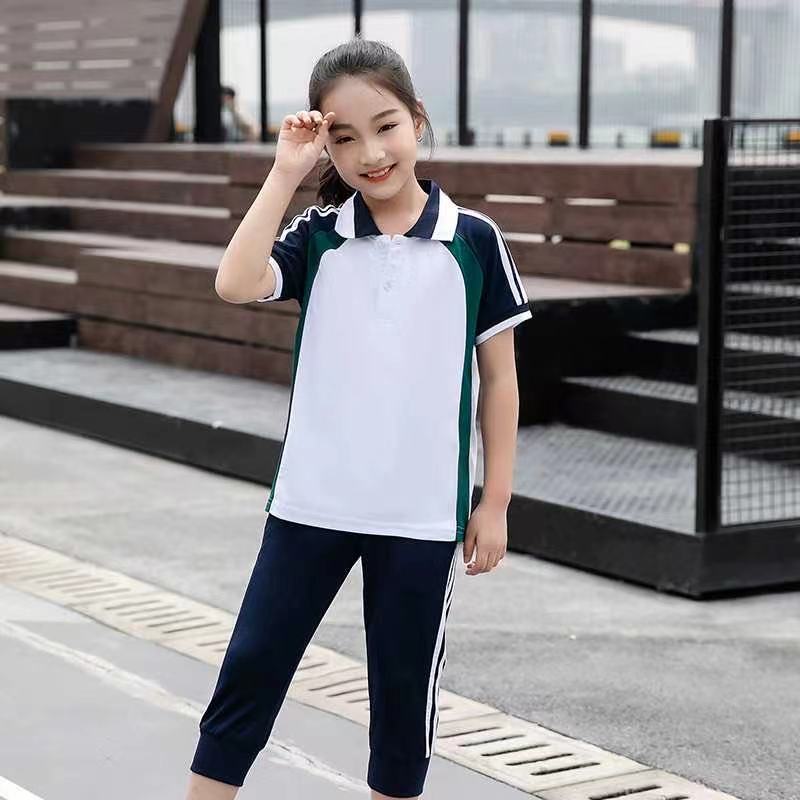 유치원 학교 옷 파란색과 흰색 교복 세트 초등학생 게임 반팔 수업 옷 어린이 1 학년 공연 옷