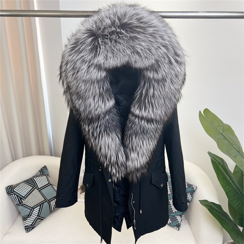 Damenbekleidung Abnehmbarer Parka aus Fuchspelz Mittellanger Kapuzenmantel_voghion.com