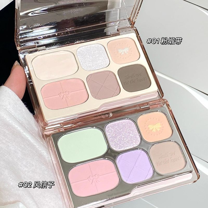 Bandeja de sombra de ojos de seis colores con lazo, rosa gris mate nacarado de baja saturación, rubor de alto brillo de color tierra, maquillaje falso