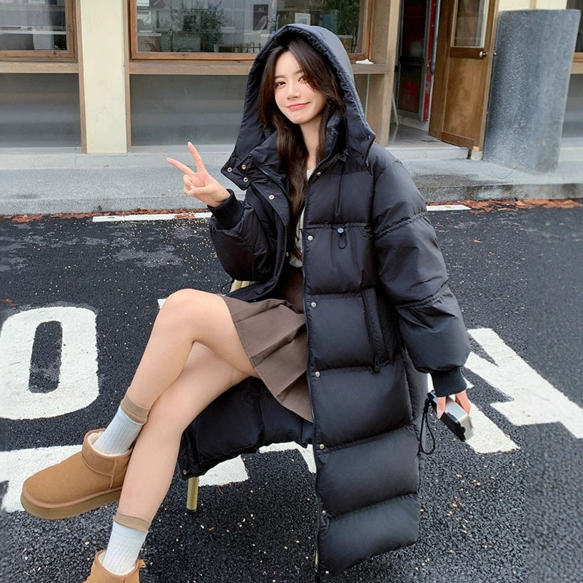 2025 Новый корейский стиль, женская удлиненная стеганая пуховая куртка больших размеров выше колена из графена 100kg 231