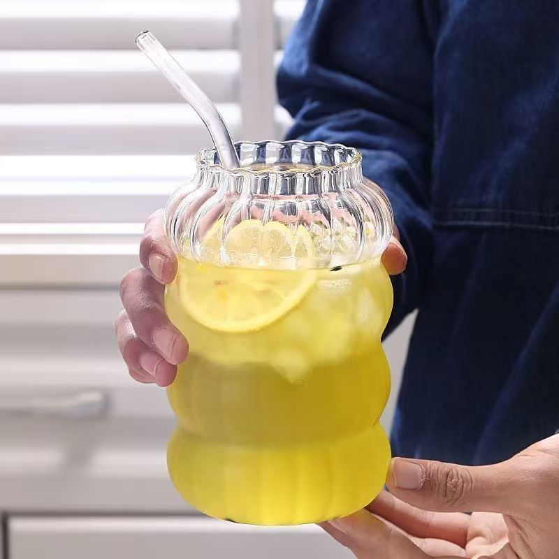 Taza de oruga transfronteriza, taza de vidrio gordo vertical con paja, taza de jugo transparente, taza de café fría al por mayor