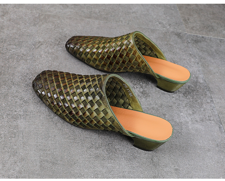Dép sandal nữ bít mũi da bò thật đan thủ công phong cách vintage gót thấp — màu nâu chi tiết 12